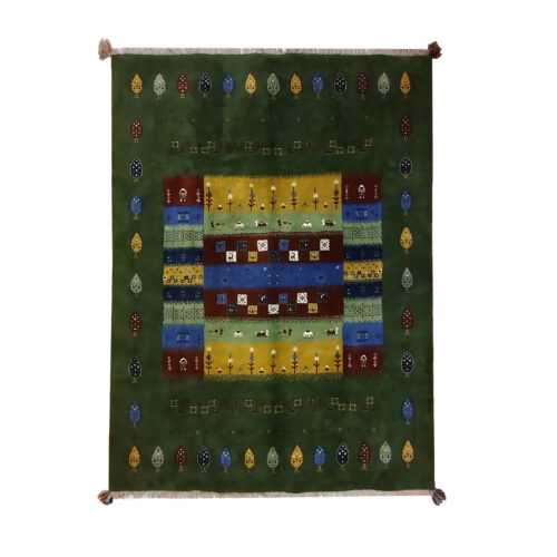 Handwoven Persian Tree of Life Gabbeh Rug in Green - Wool Blend