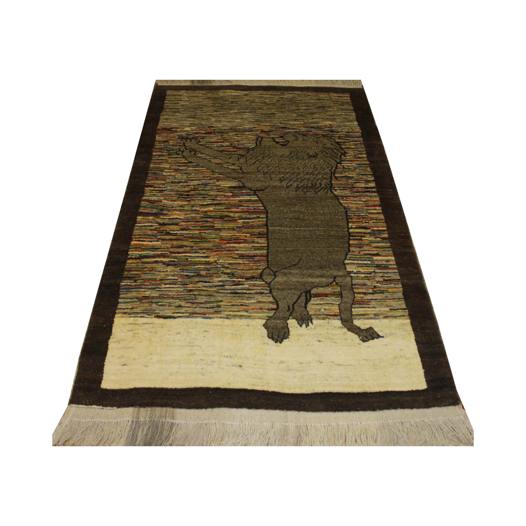 Original Handwoven Persian Lion Motif Gabbeh Rug in Brown – Wool