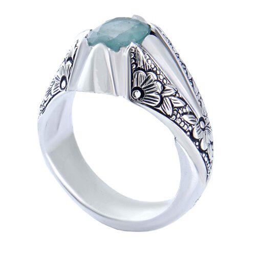 Green Emerald Silver Gemstone Ring for Men – Handcrafted Traditional Persian Design