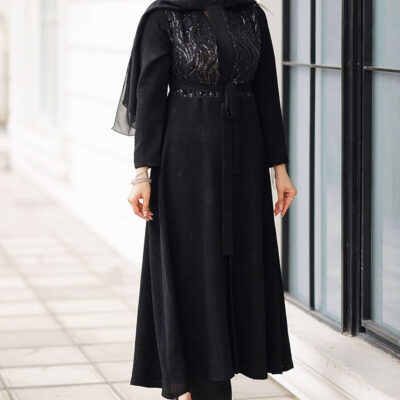 Elegant Persian Black Crepe Abaya Manto Pargol with Relaxed Flowing Silhouette