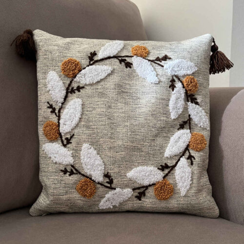 Punch Needle Cushion Cover - Embroidered Leaves Cream Design (Set of 2)