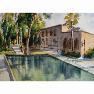 Original Realism Painting – Watercolor on Cardboard, Persian Architecture