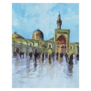 Original Realism Painting – Watercolor on Cardboard, Imam Reza’s Shrine