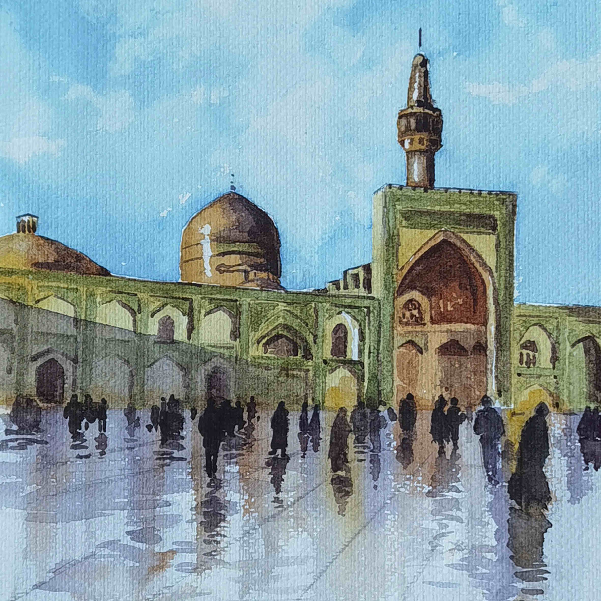 Original Realism Painting – Watercolor on Cardboard, Imam Reza’s Shrine
