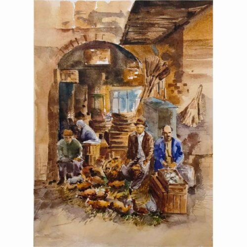Original Realism Painting – Watercolor on Cardboard, Rasht Grand Bazaar