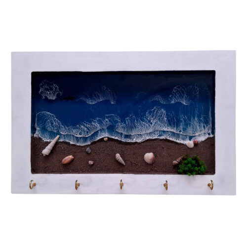 Resin Wall Key Holder with Five Hooks and Beach Design for Entryway