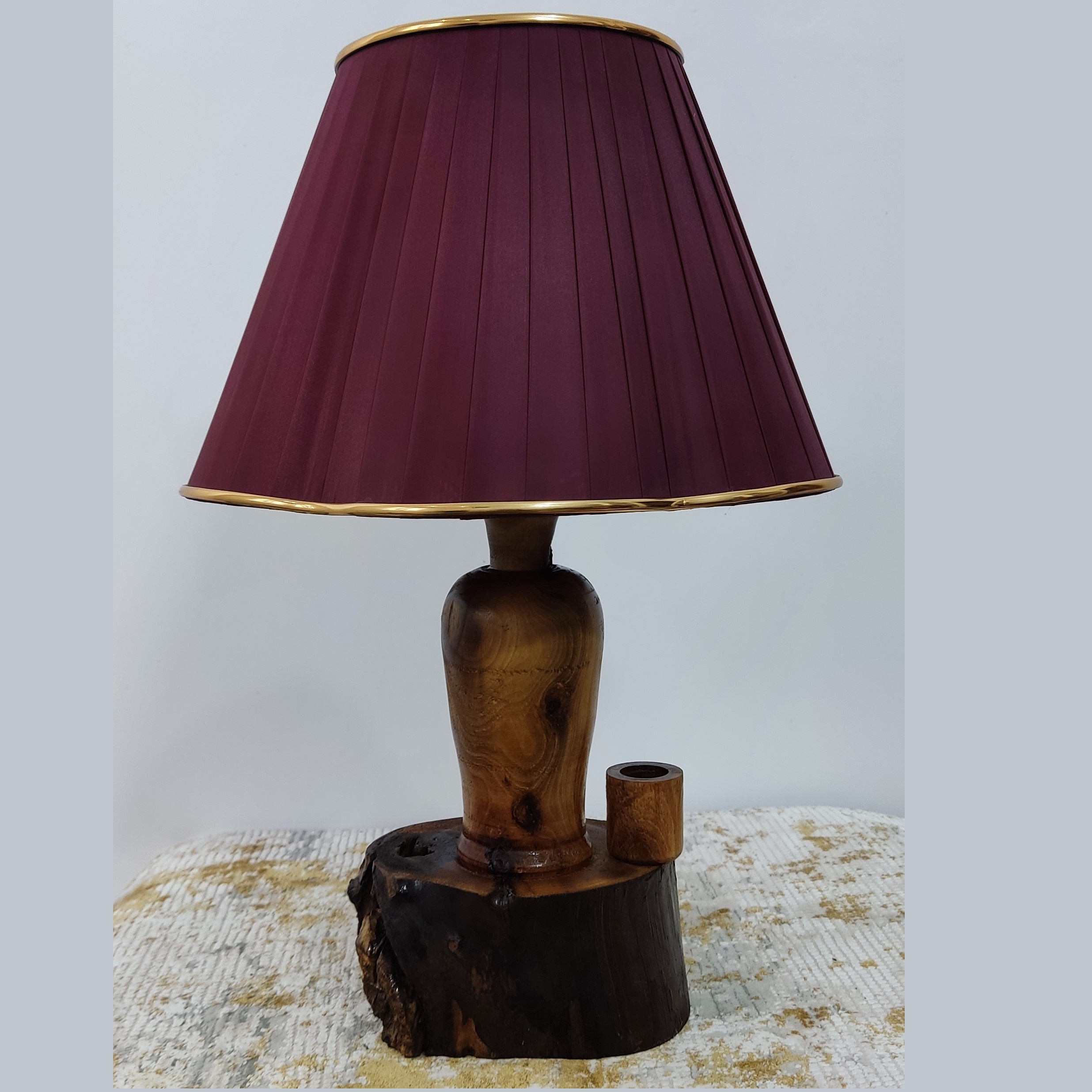 Rustic Log-Shaped Wooden Table Lamp – Handcrafted Fabric Shade Light