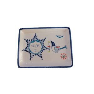 Artistic Rectangular Ceramic Serving Tray – Hand Painted Bird & Sun Design