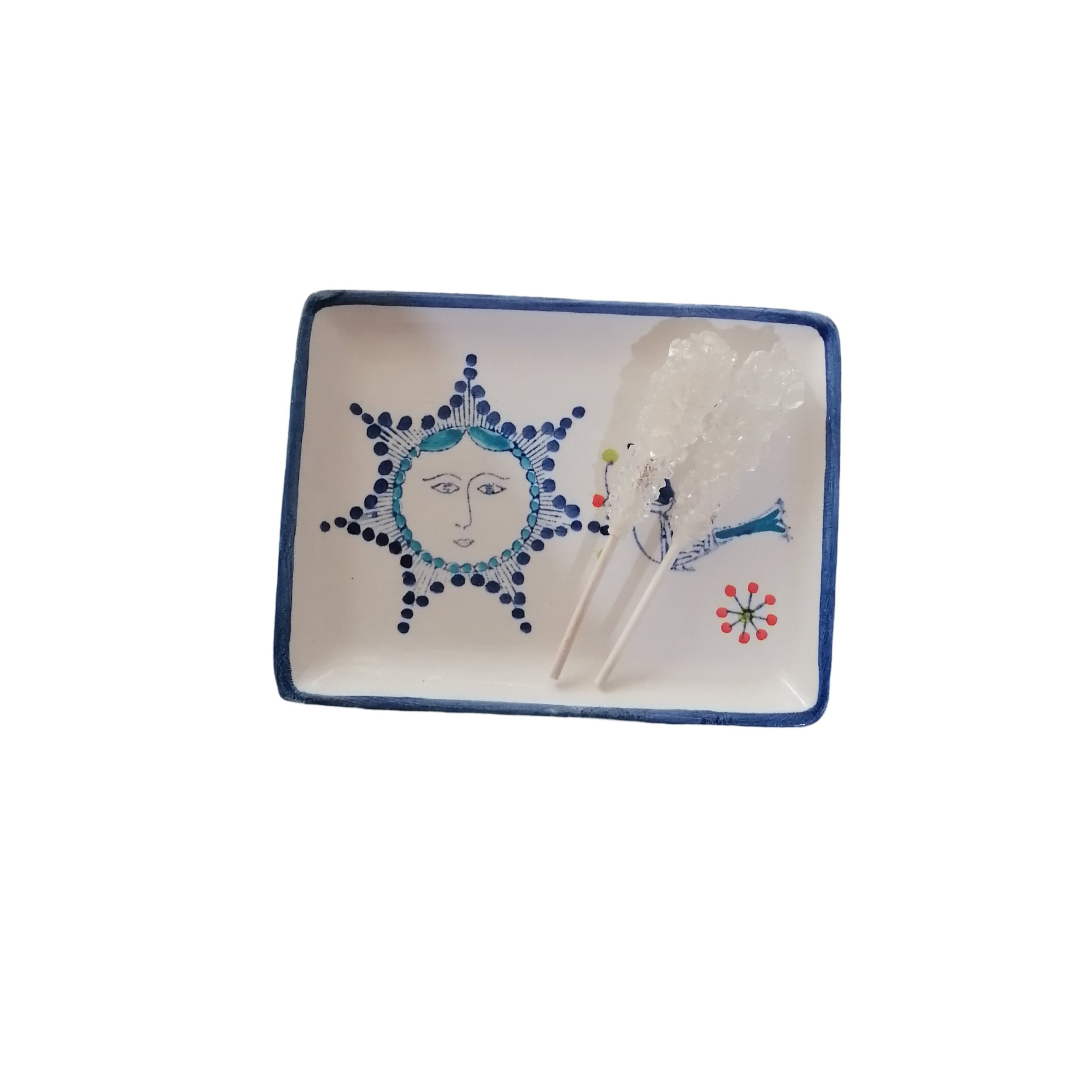 Artistic Rectangular Ceramic Serving Tray – Hand Painted Bird & Sun Design