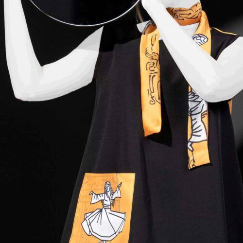 Women's Relaxed Fit Dress and Neck Scarf Set with Artistic Calligraphy for Casual Wear