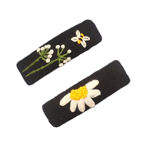 Cute Rectangular Snap Hair Clips with Floral Design – Hand-Embroidered Cotton Hair Accessories