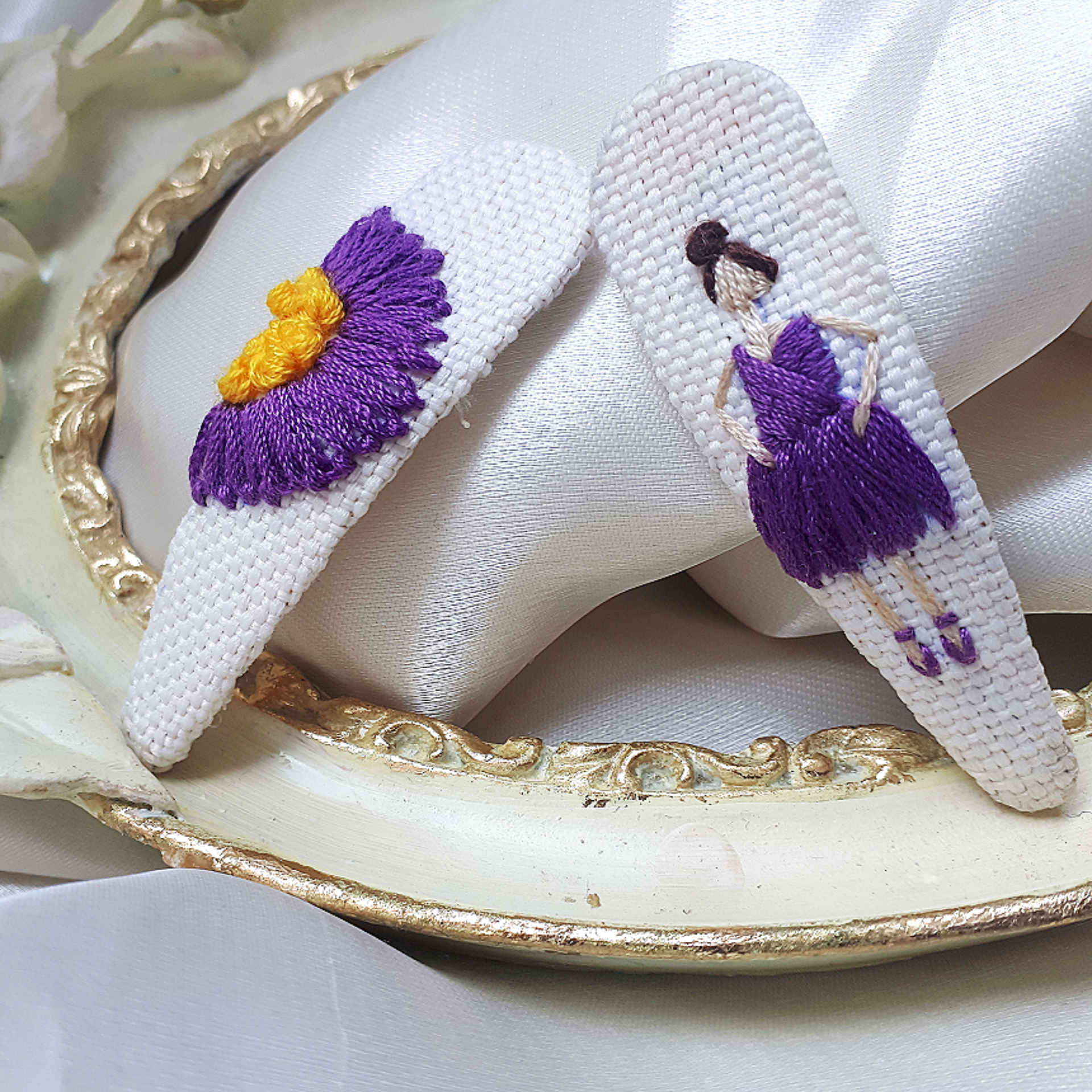 Snap Hair Clip Set with Hand-Embroidered Ballerina Design