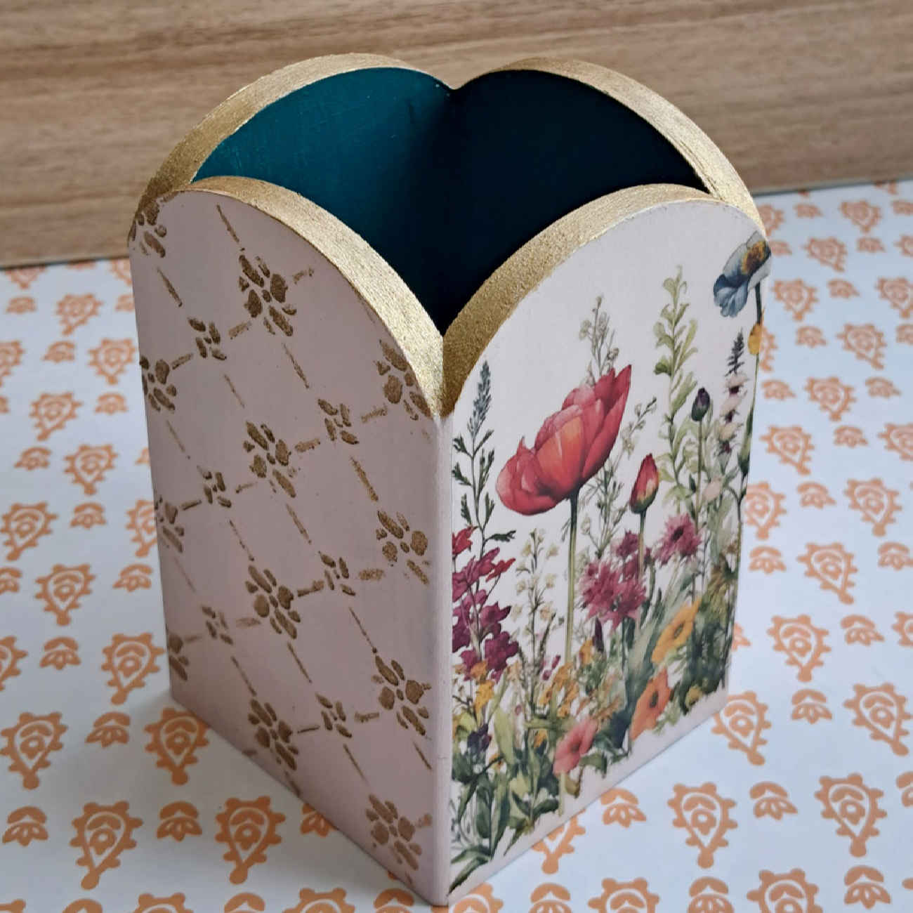 Wooden Makeup Brush Holder Handcrafted with Floral Design