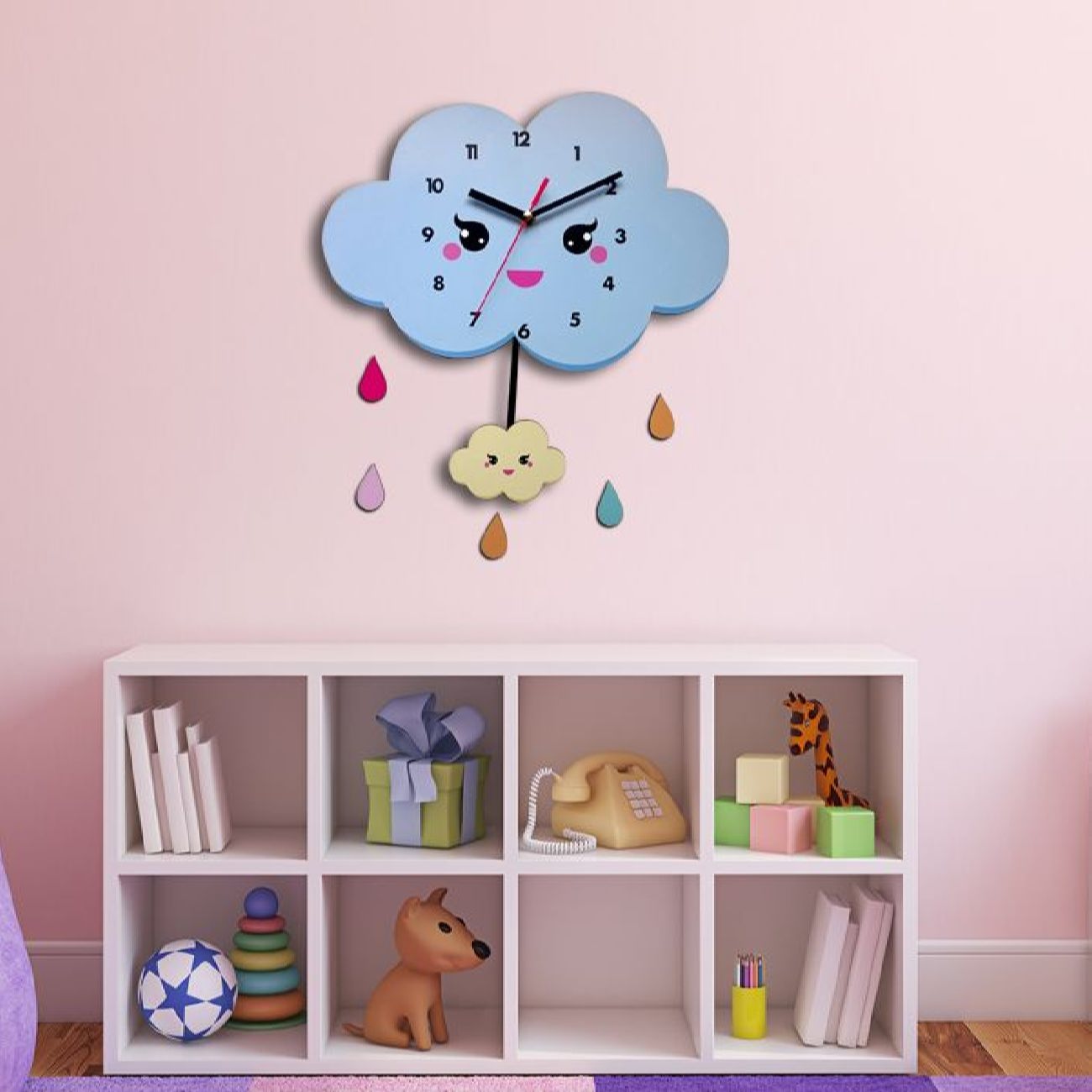 Wooden Nursery Wall Clock with Happy Cloud Design