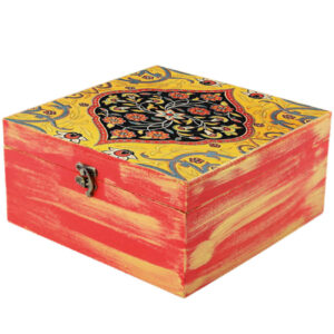 Handcrafted Tea Organizer – Elegant Wooden Chest with Persian Tile Pattern