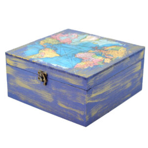 Unique World Map Printed Wooden Tea Chest – Artistic Storage Box