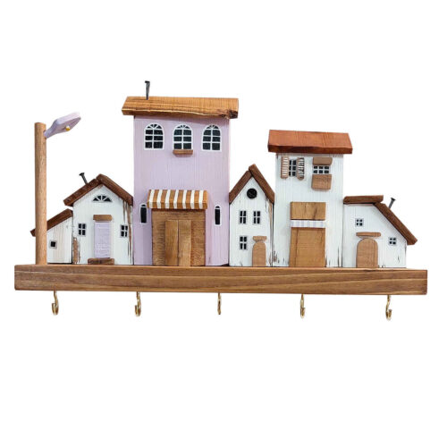 Handcrafted Wooden Wall Key Holder with Five Hooks and Village Design for Entryway