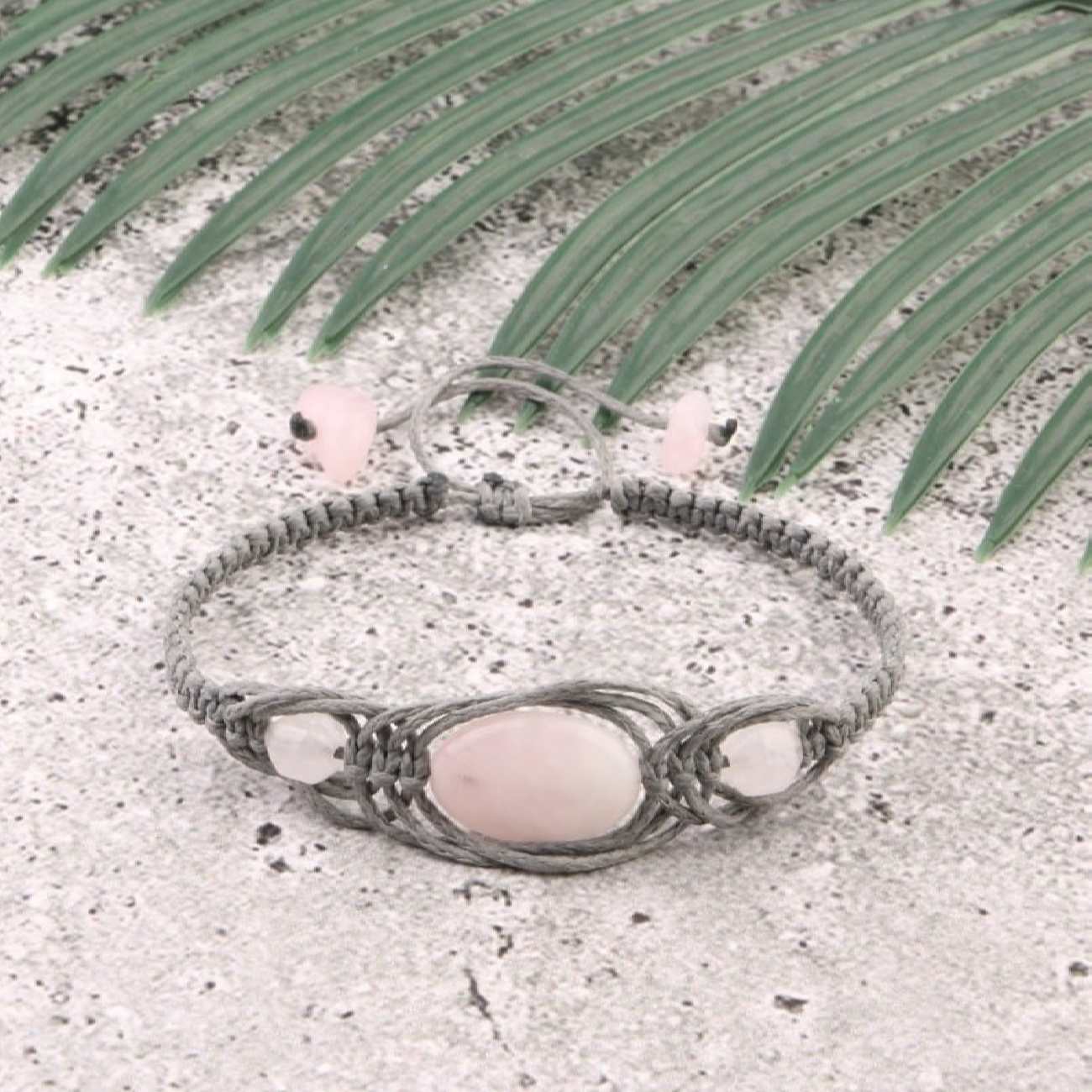 Bohemian Embroidered Macrame Bracelet for Women Model Rose Quartz