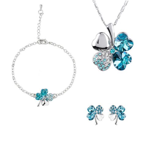 Brass Four Leaf Clover Jewelry Set – Necklace Bracelet Stud Earrings Set for Women