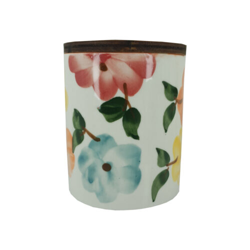 Ceramic Kitchen Storage Canister for Tea, Spices & Dry Foods - Floral Design with Wooden Lid