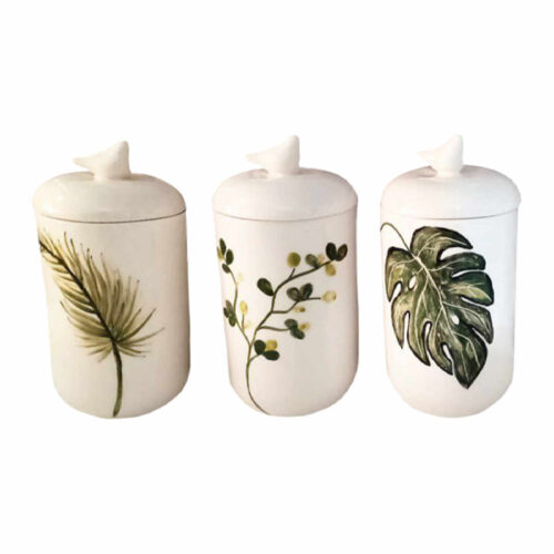 Hand-Painted Ceramic Kitchen Canister Set for Spices & Dry Foods - Leaf Design, 3-Piece