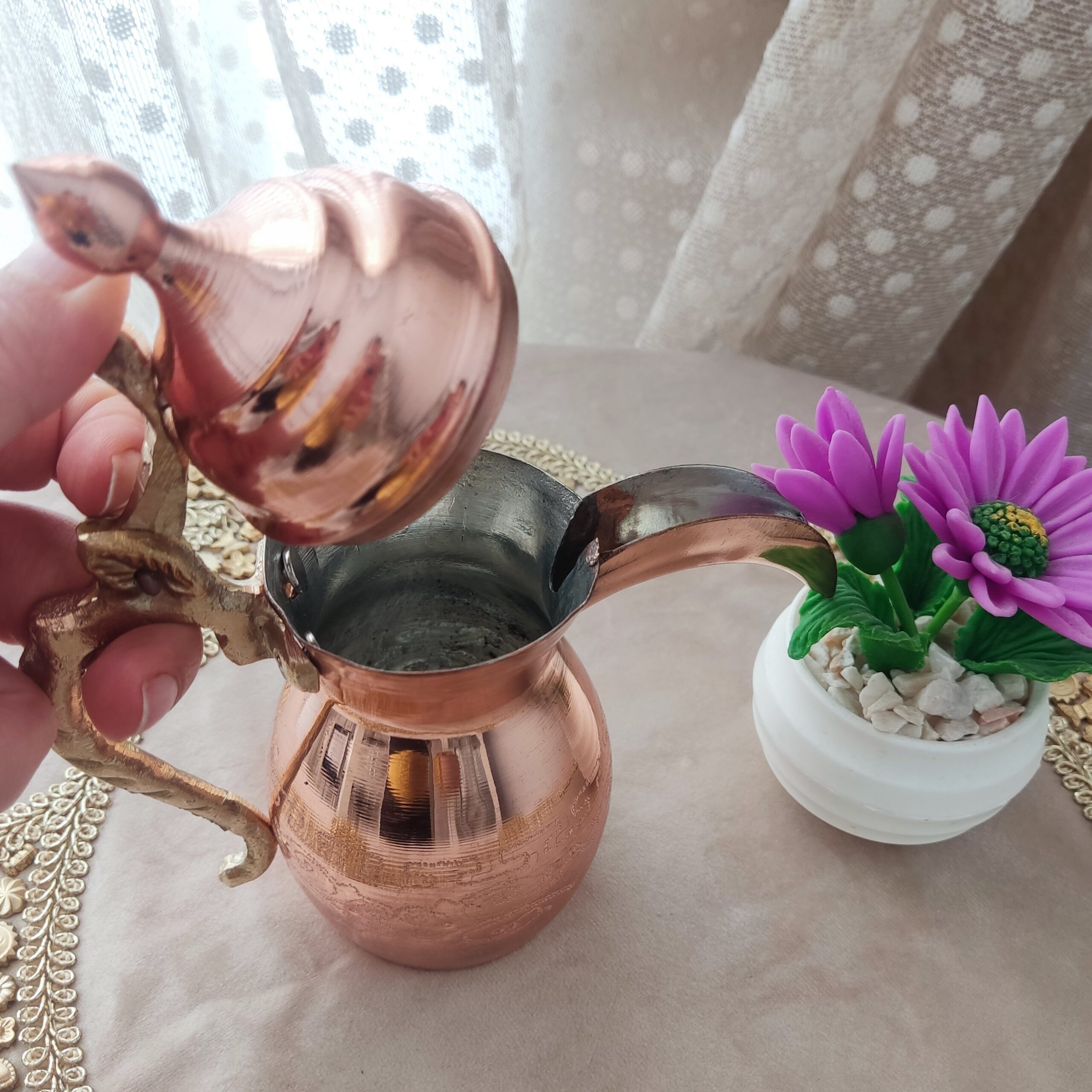 Traditional Copper Dallah Arabic Coffee Pot – Tinned Inside with Brass Handle