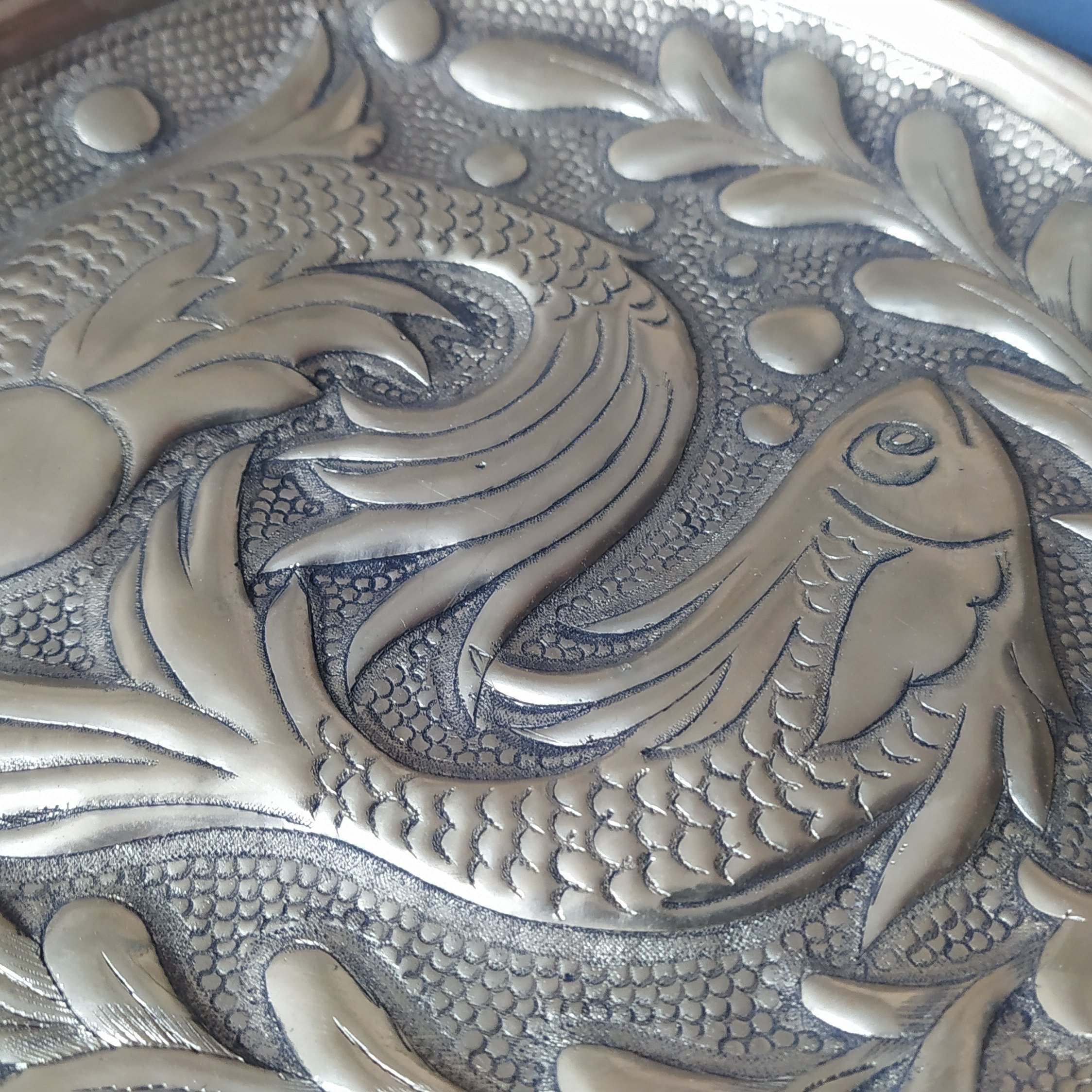 Decorative Brass Tray Persian Hand-Engraved Ghalamzani Artwork Fish & Leafy Plants