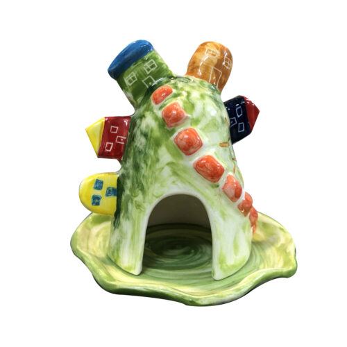 Handcrafted Ceramic Tealight Candle Holder, Colorful Village House Design, Decorative Tabletop Décor