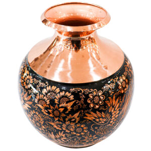 Handcrafted Persian Engraved Copper Vase, Decorated with a Charming Birds and Flowers Design in a Bulbous Form