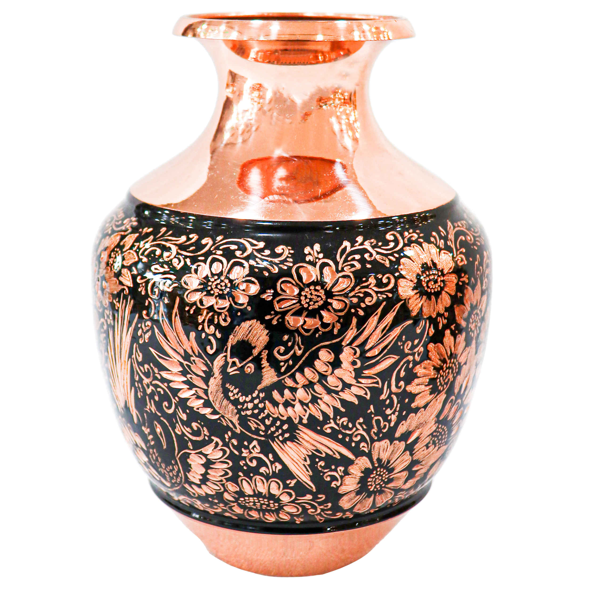 Handcrafted Persian Engraved Copper Vase, Decorated with a Charming Birds and Flowers Design in a Bulbous Form