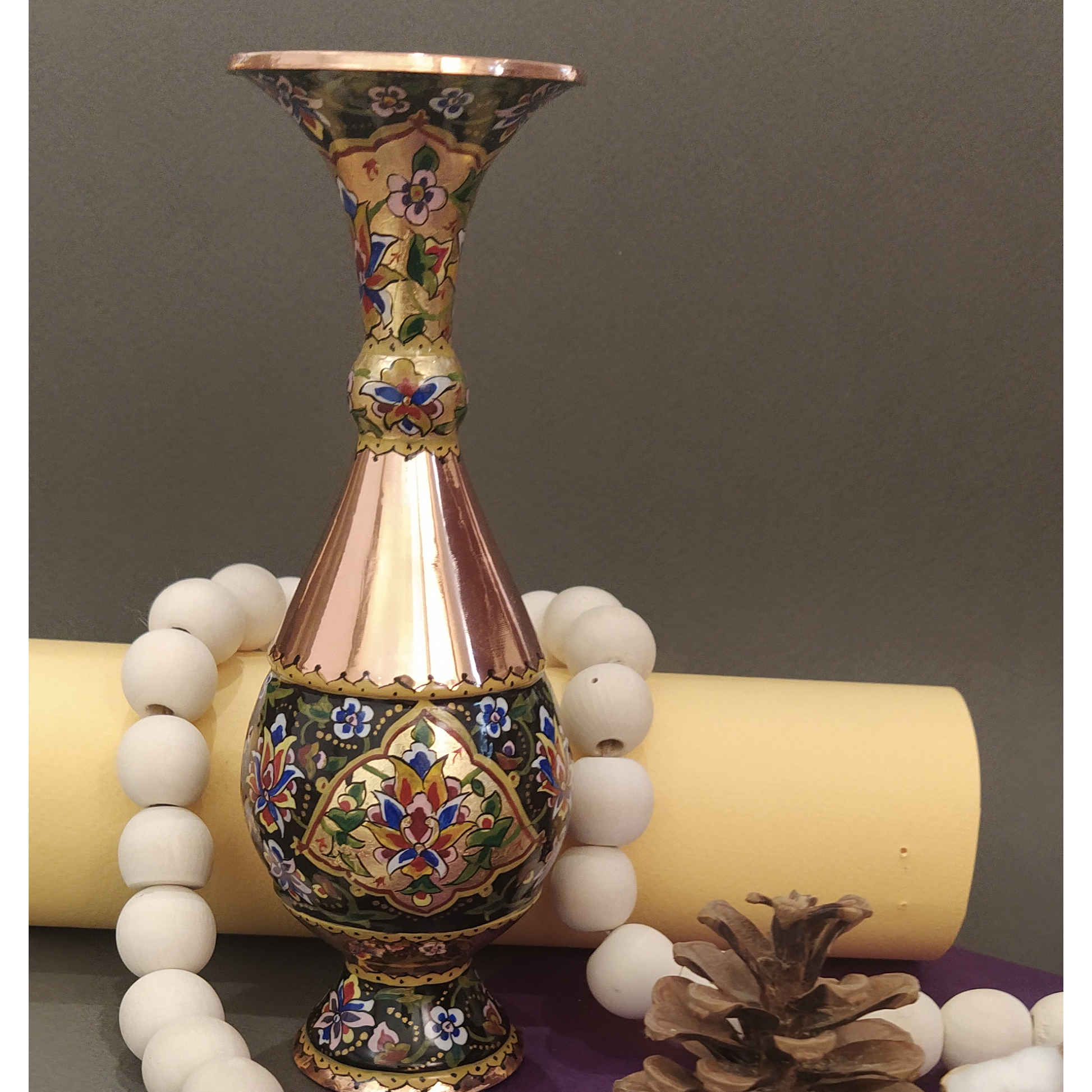 Decorative Persian Copper Vase, Expertly Handcrafted with a Traditional Floral Design for Single Stem Displays