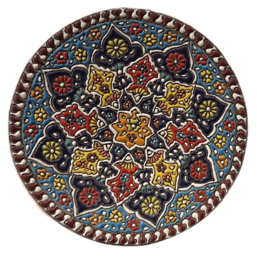 Hand-Painted Persian Minakari Pottery Decorative Display Plate, Floral Enamelwork and Iranian Art