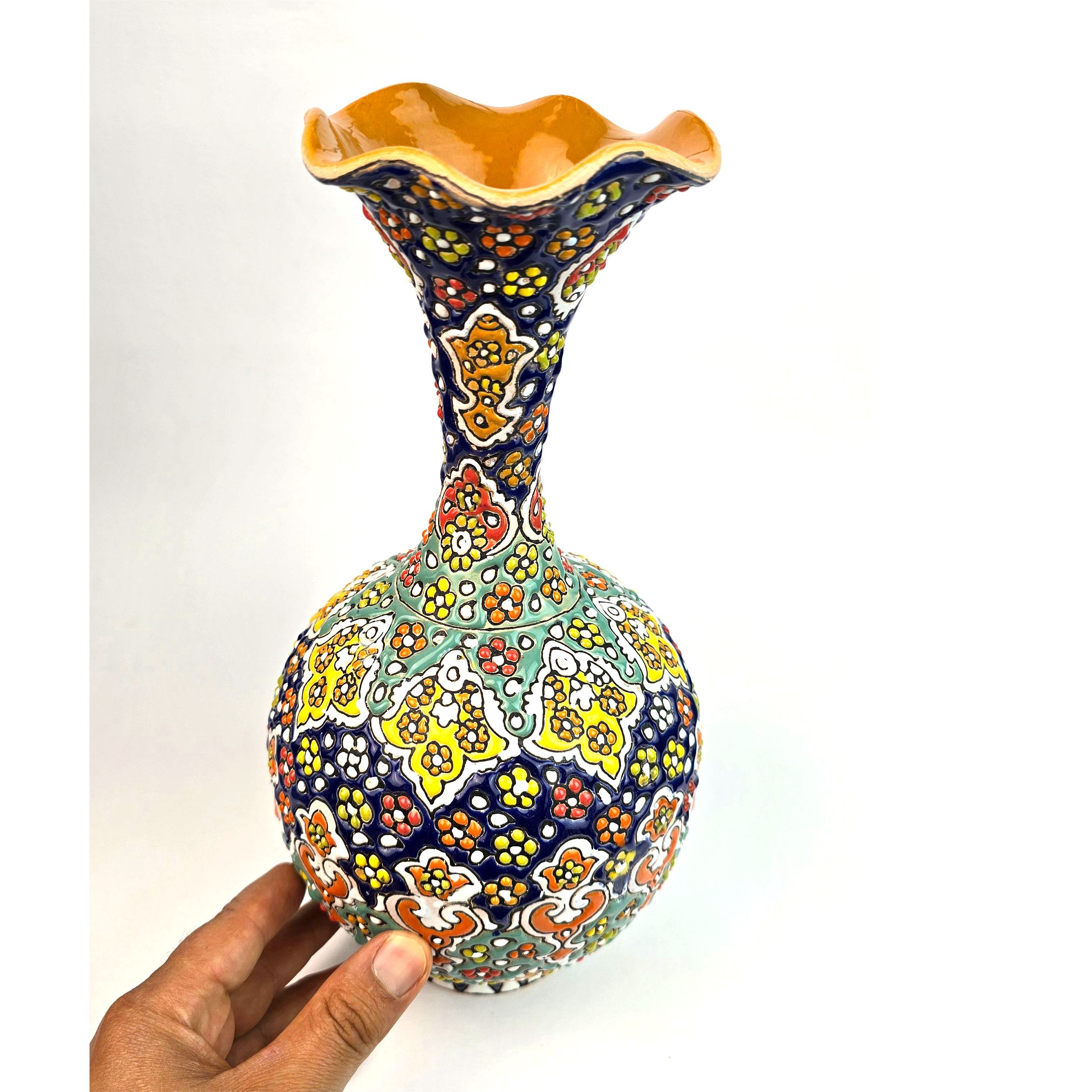 Decorative Pottery Vase Featuring Persian Minakari Enamel Art, Hand-Painted with a Beautiful Floral Motif