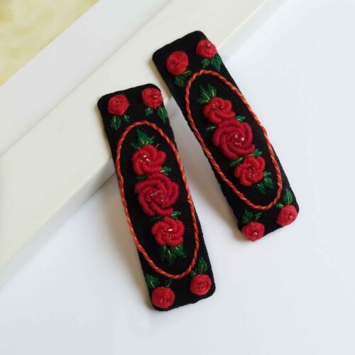 Cute Hand-Embroidered Rose Snap Hair Clips – Floral Fabric Hair Accessories for Girls, Set of 2