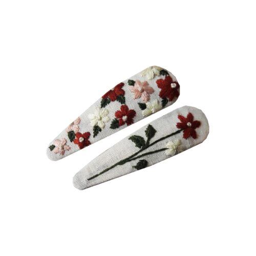 Cute Hand-Embroidered Spring Bloom Snap Hair Clips – Floral Fabric Hair Accessories, Set of 2