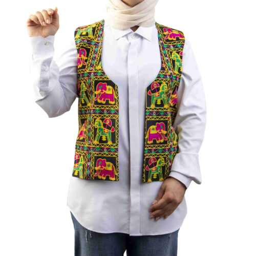 Women's Cropped Cotton Vest with Embroidered Elephant Motif and Artistic Detail