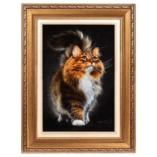 Hand-Knotted Persian Silk Pictorial Wall Hanging Rug – Cat Design, Tabriz