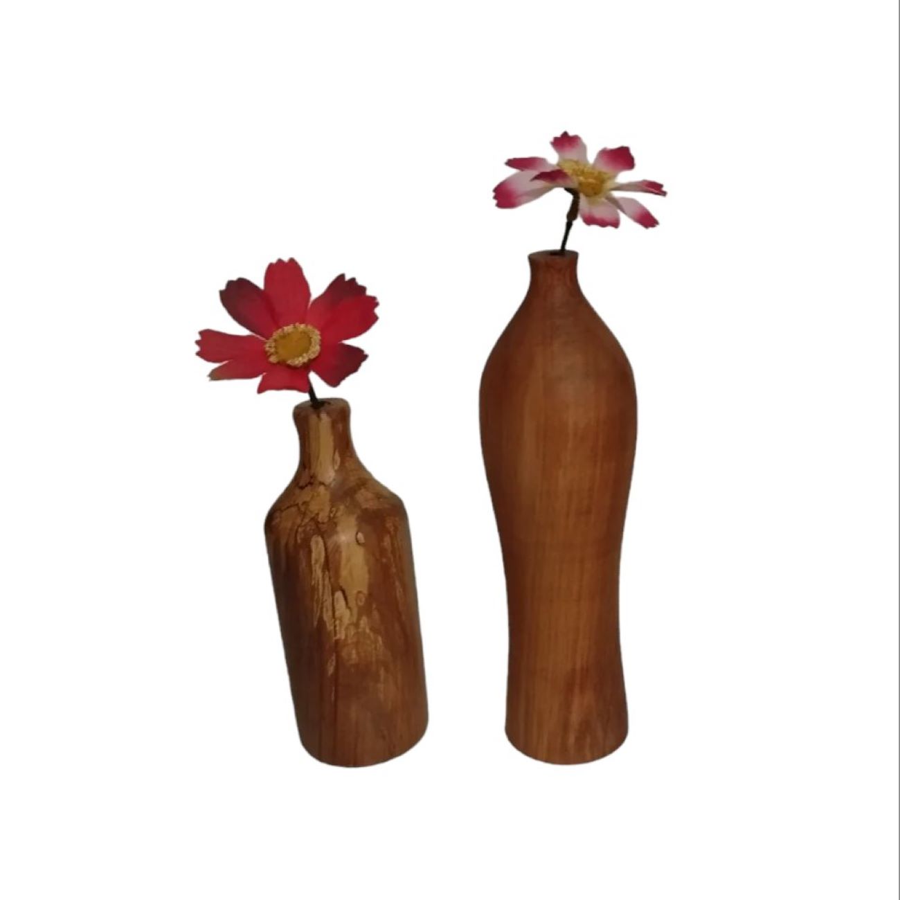 Set of Two Rustic Decorative Single Stem Vases, Handcrafted from Natural Solid Wood for a Warm Organic Feel