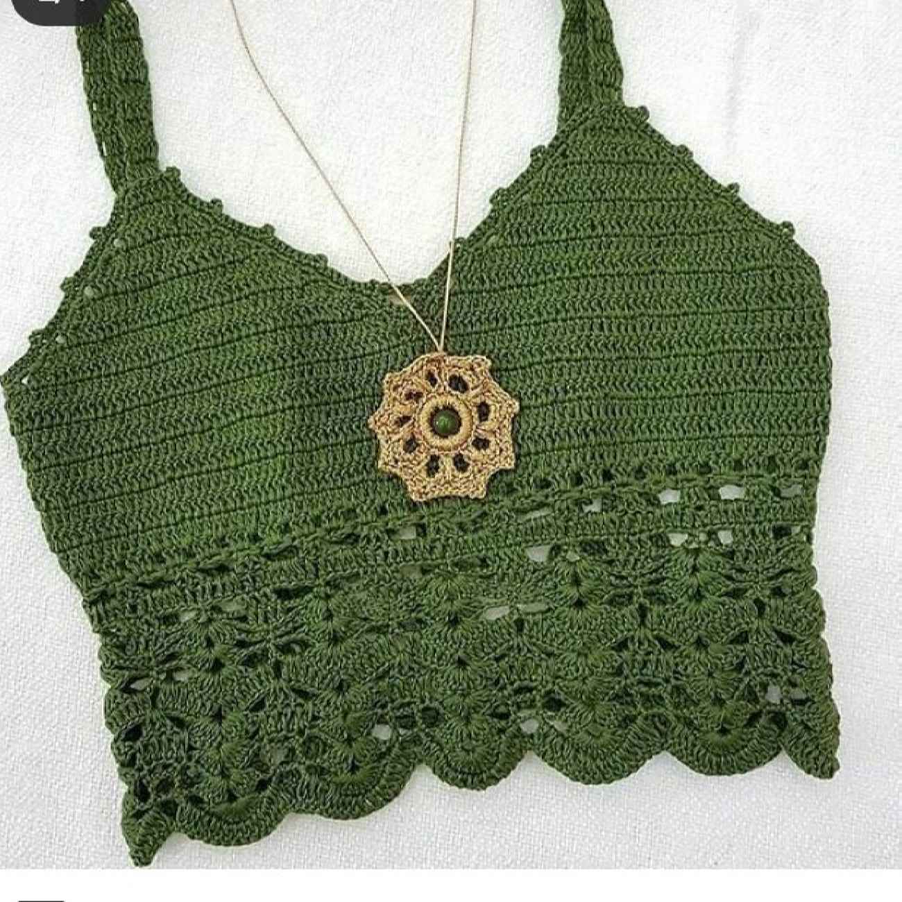 Pearl Model Crochet Crop Top – Handwoven Forest Green
