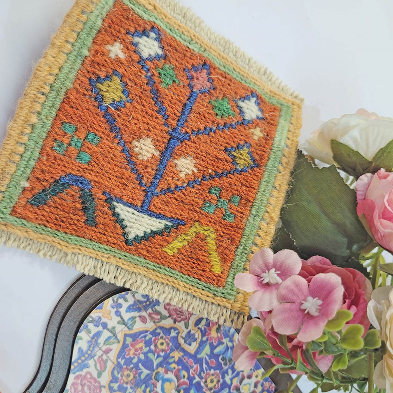 Handwoven Wool Kilim Coaster – Orange Geometric Square Boho Design