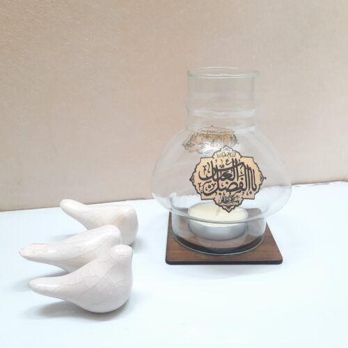Islamic Glass Tealight Candle Holder with Wooden Base, Ya Abalfazl Design