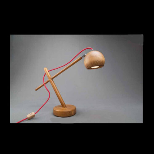 Minimalist Adjustable Wooden Desk Lamp – Round Head, Red Cord