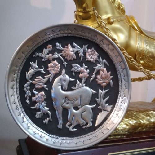 Hand-Engraved Persian Copper Decorative Display Plate, Deer and Fawn Ghalamzani Design
