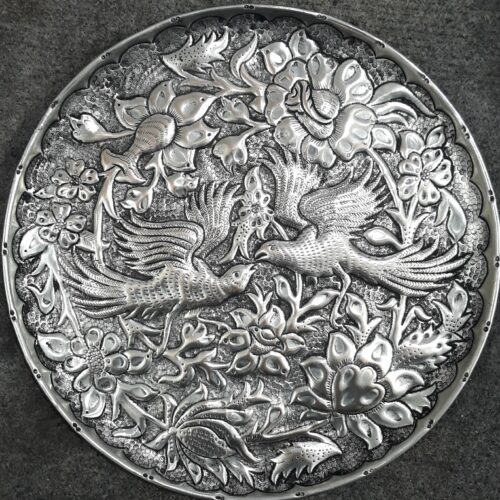 Hand-Engraved Persian Copper Decorative Display Plate, Traditional Birds and Flowers Ghalamzani Design