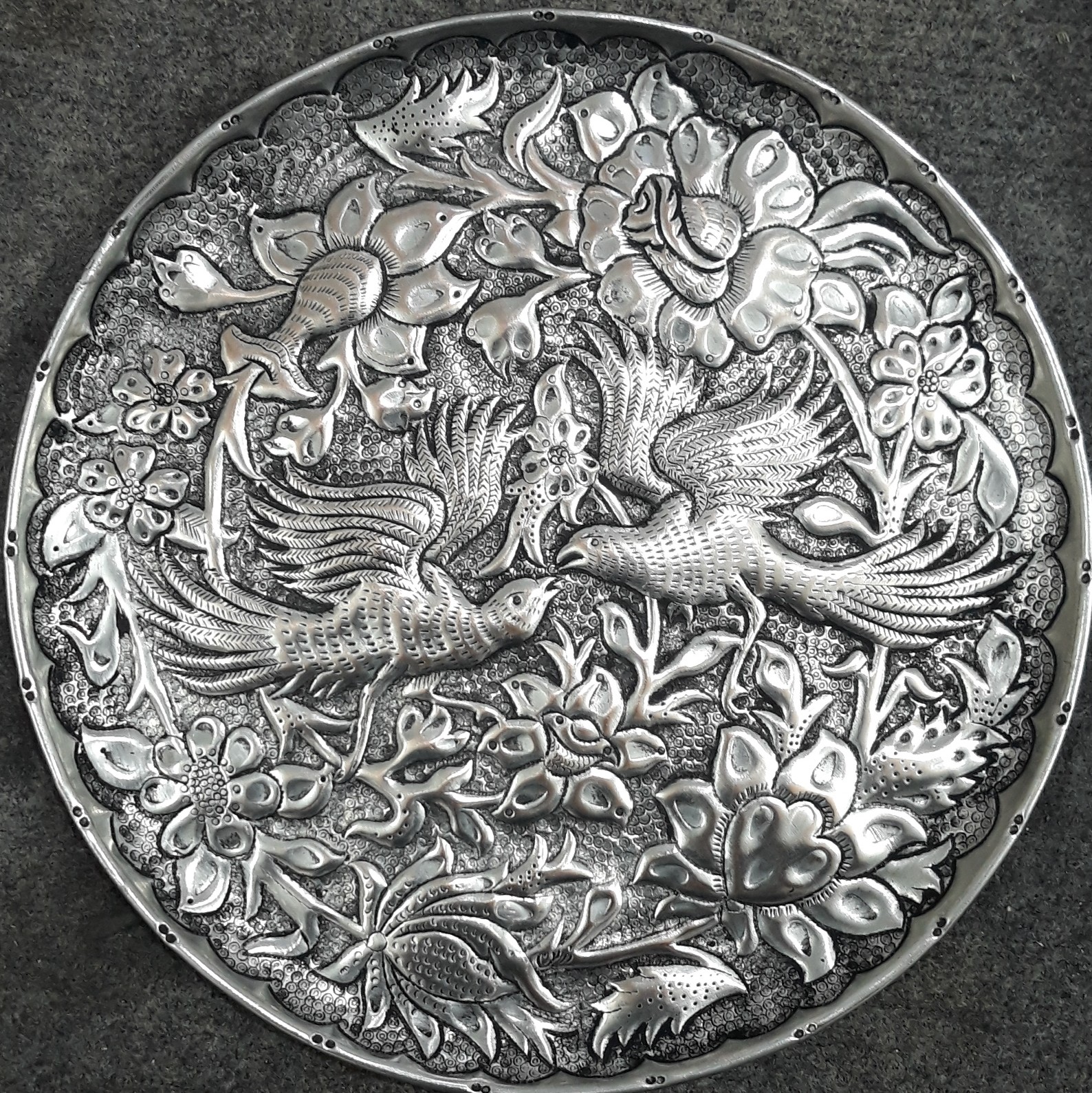 Persian Decorative Copper Wall Plate Hand Engravind Birds & Flowers