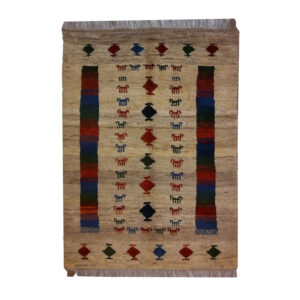 Authentic Handwoven Persian Minimalist Gabbeh Rug with Animal Motifs – Cream Wool