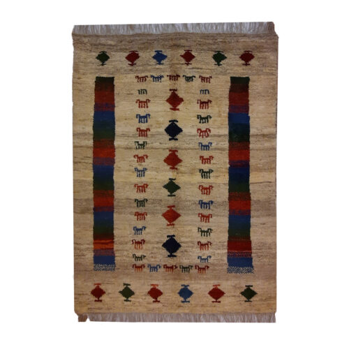 Authentic Handwoven Persian Minimalist Gabbeh Rug with Animal Motifs - Cream Wool