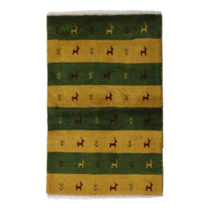 Genuine Handwoven Persian Striped Gabbeh Rug with Animal Motifs – Yellow Wool