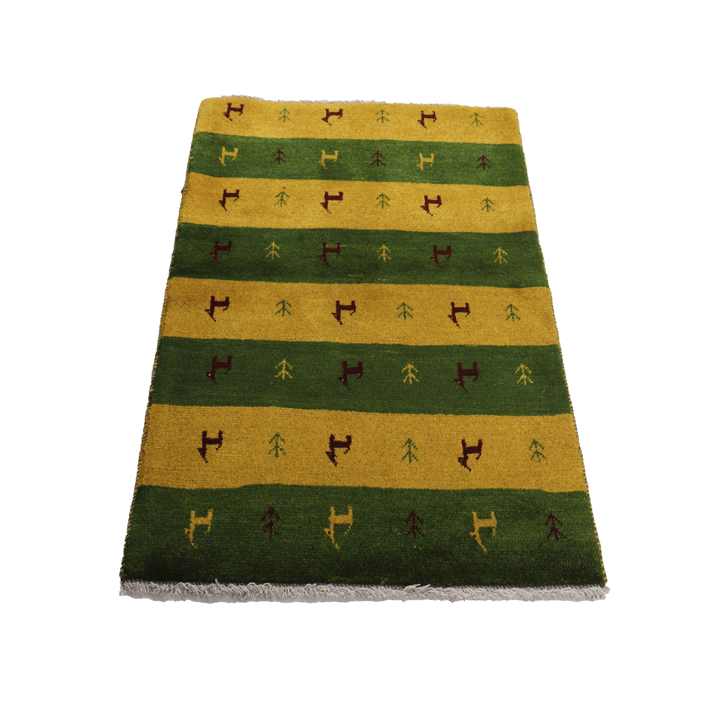 Genuine Handwoven Persian Striped Gabbeh Rug with Animal Motifs – Yellow Wool