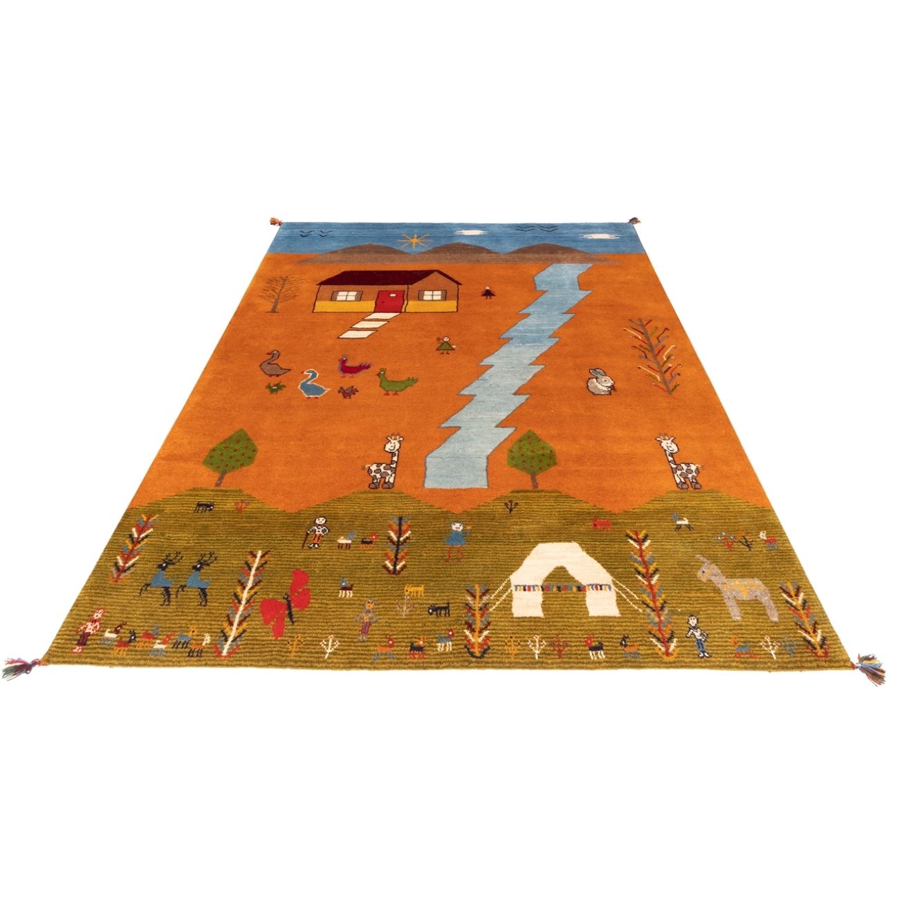 Original Handwoven Persian Pictorial Gabbeh Rug – Rural Life Scene – Orange Wool